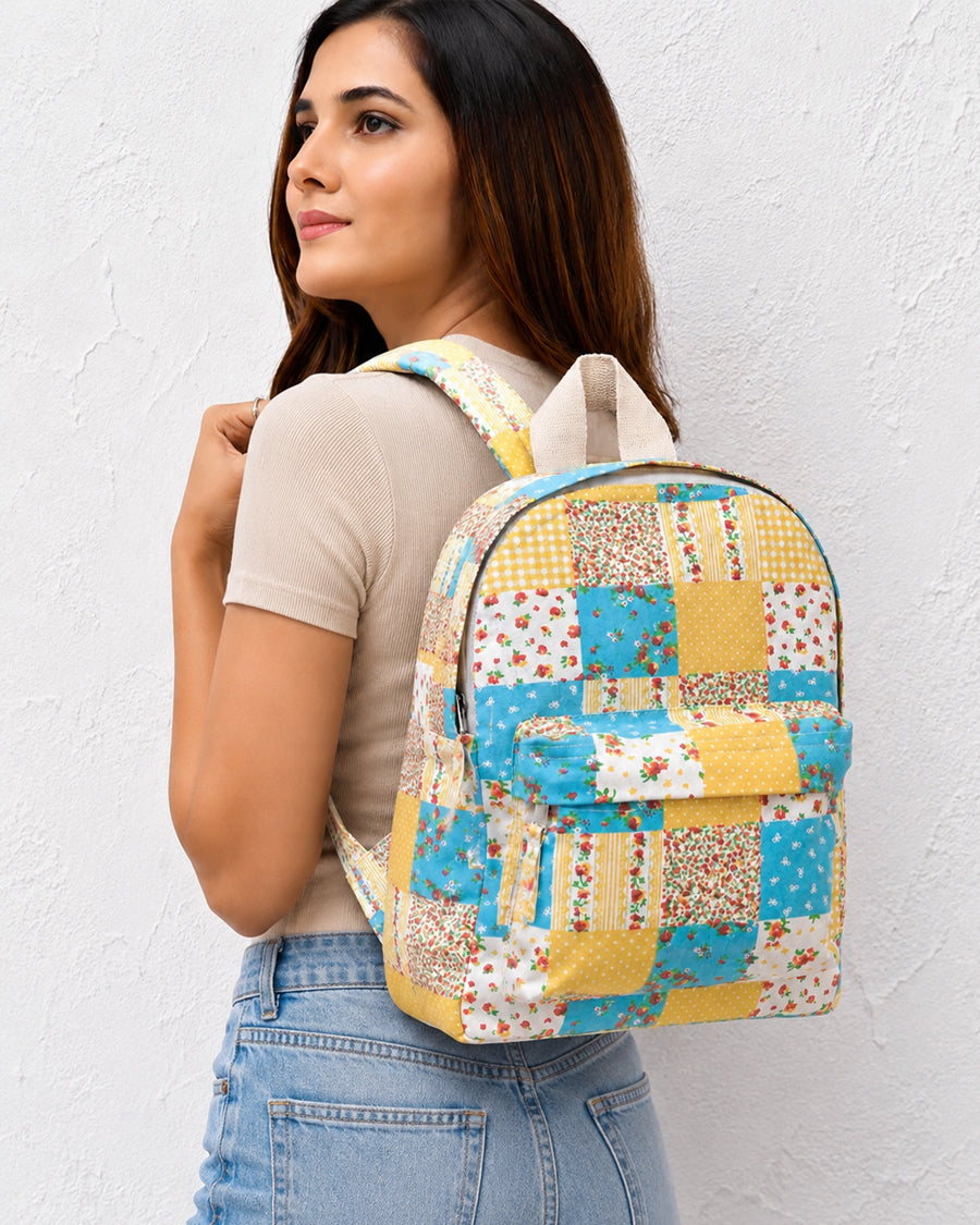 Blue & Yellow Patchwork Backpack | Canvas Small Backpack | School & College Bag