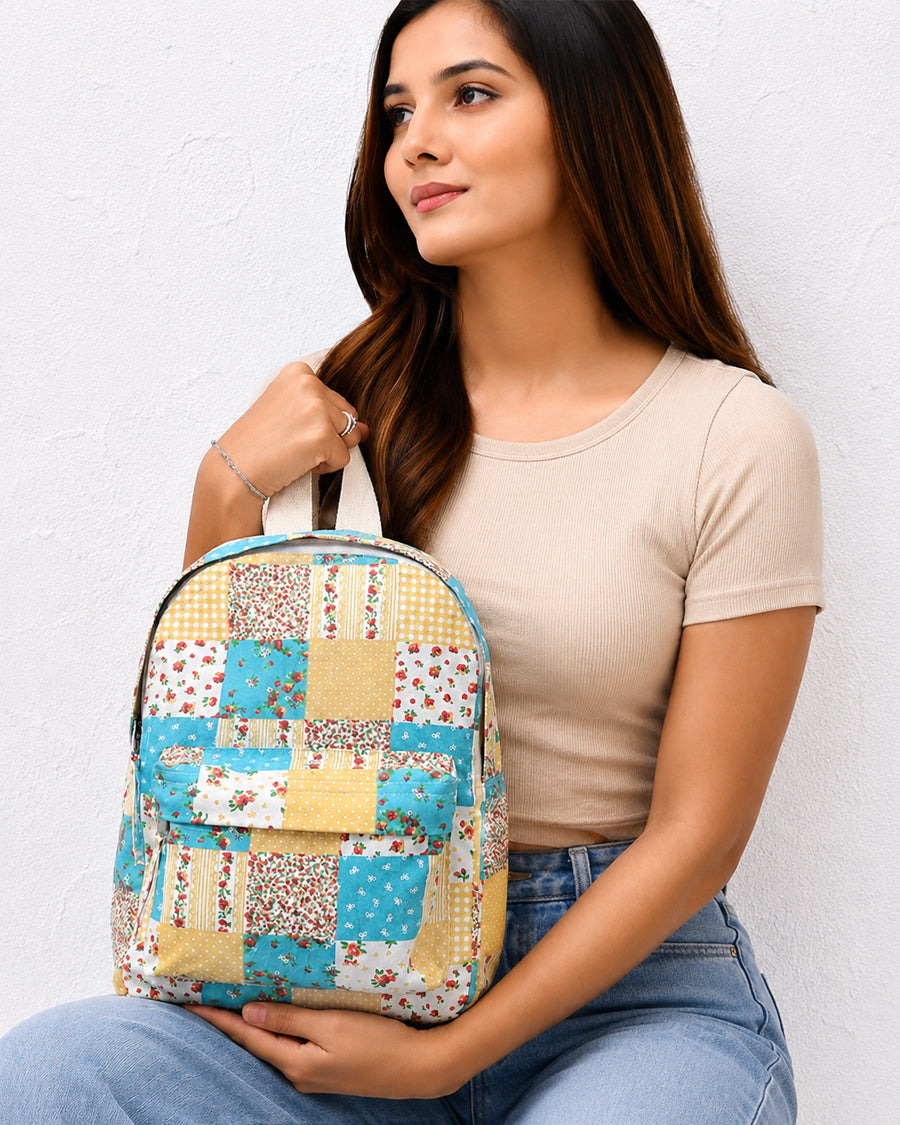 Blue & Yellow Patchwork Backpack | Canvas Small Backpack | School & College Bag