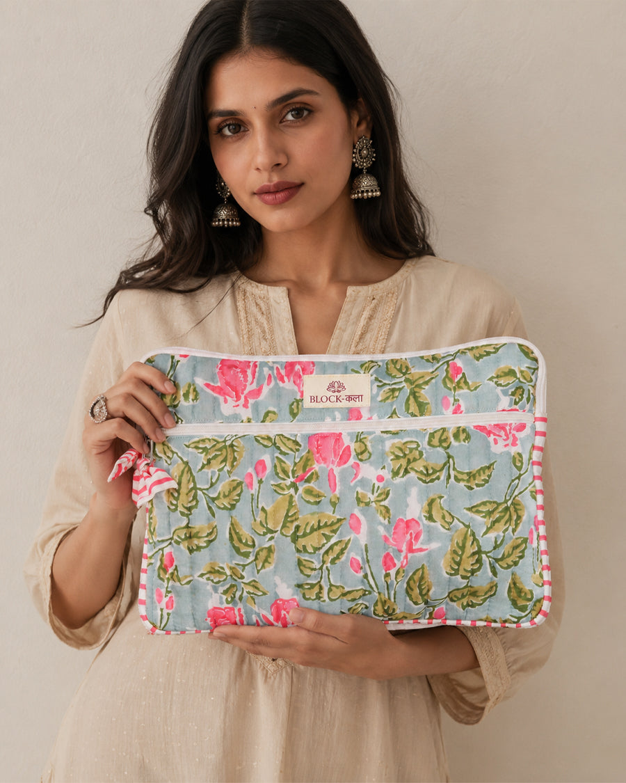 Sea Green Floral Hand Block Printed Laptop/ iPad Sleeve | Quilted Laptop Case | 11-16inch