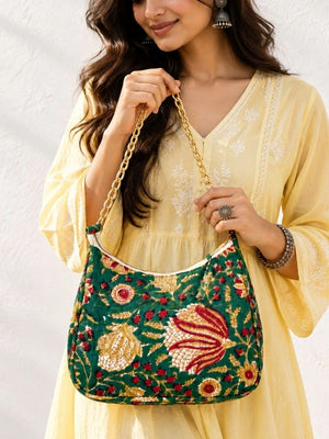 Floral Quilted Half Moon Bag – Green block print shoulder bag