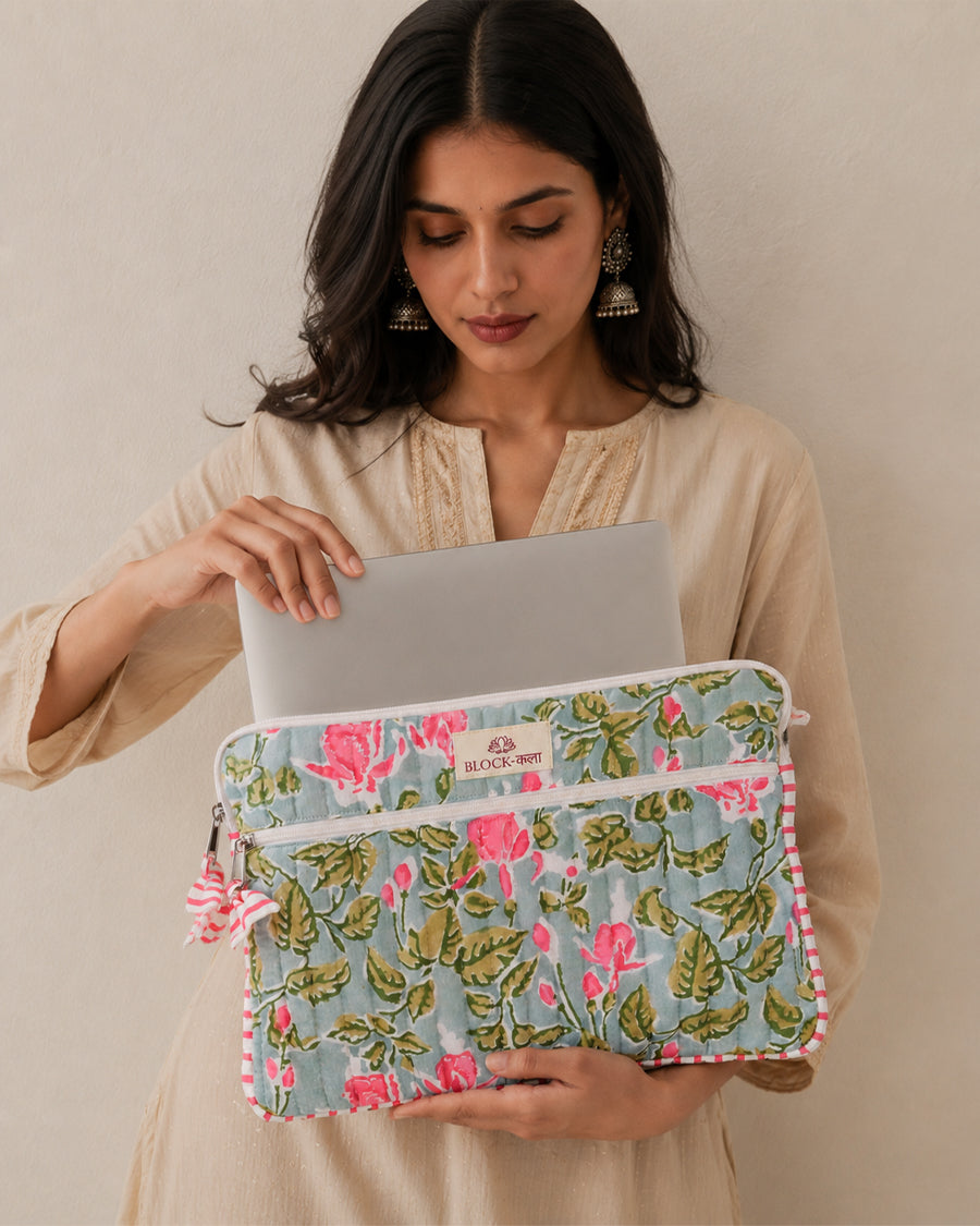 Sea Green Floral Hand Block Printed Laptop/ iPad Sleeve | Quilted Laptop Case | 11-16inch
