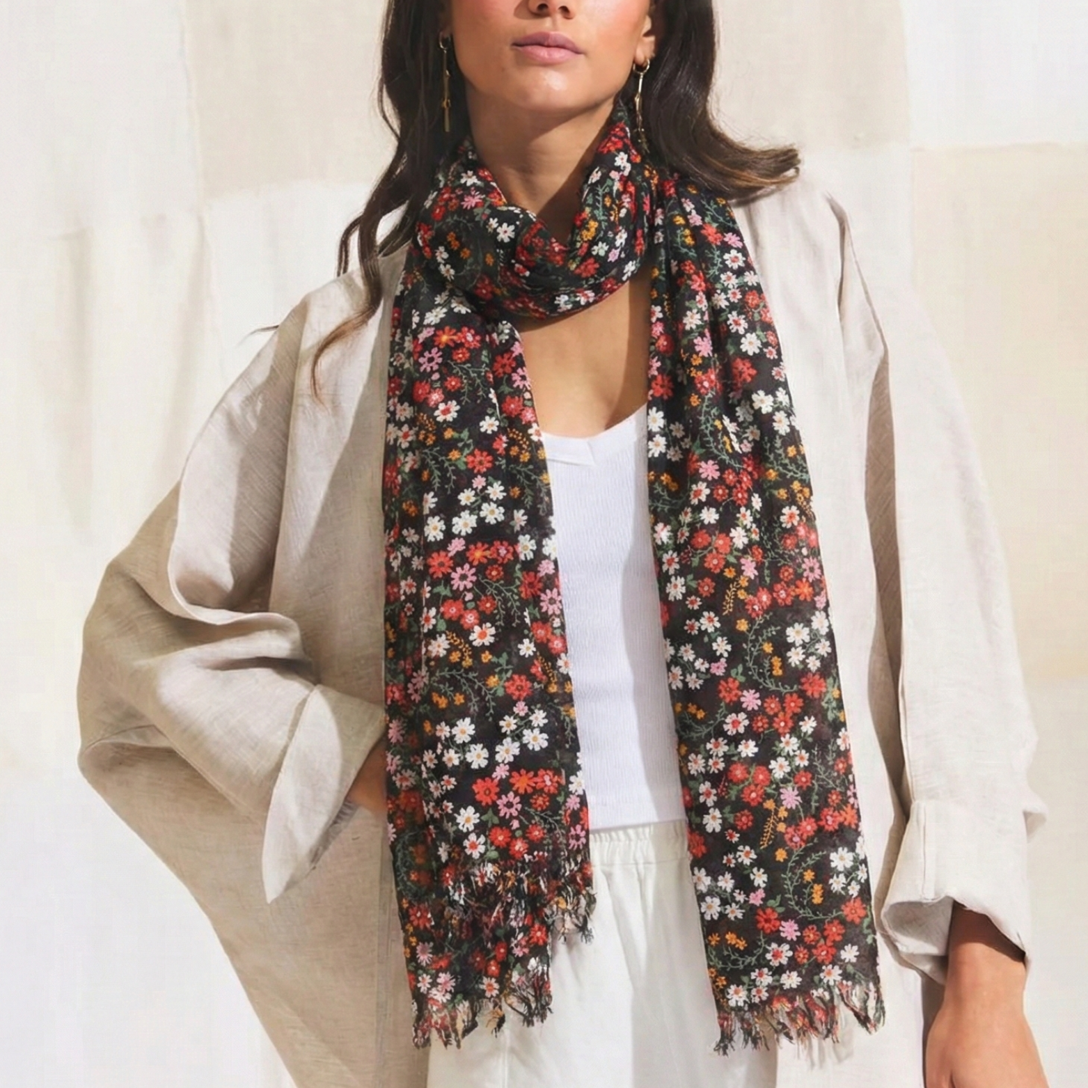 Long Black Flowers Summer Scarf
