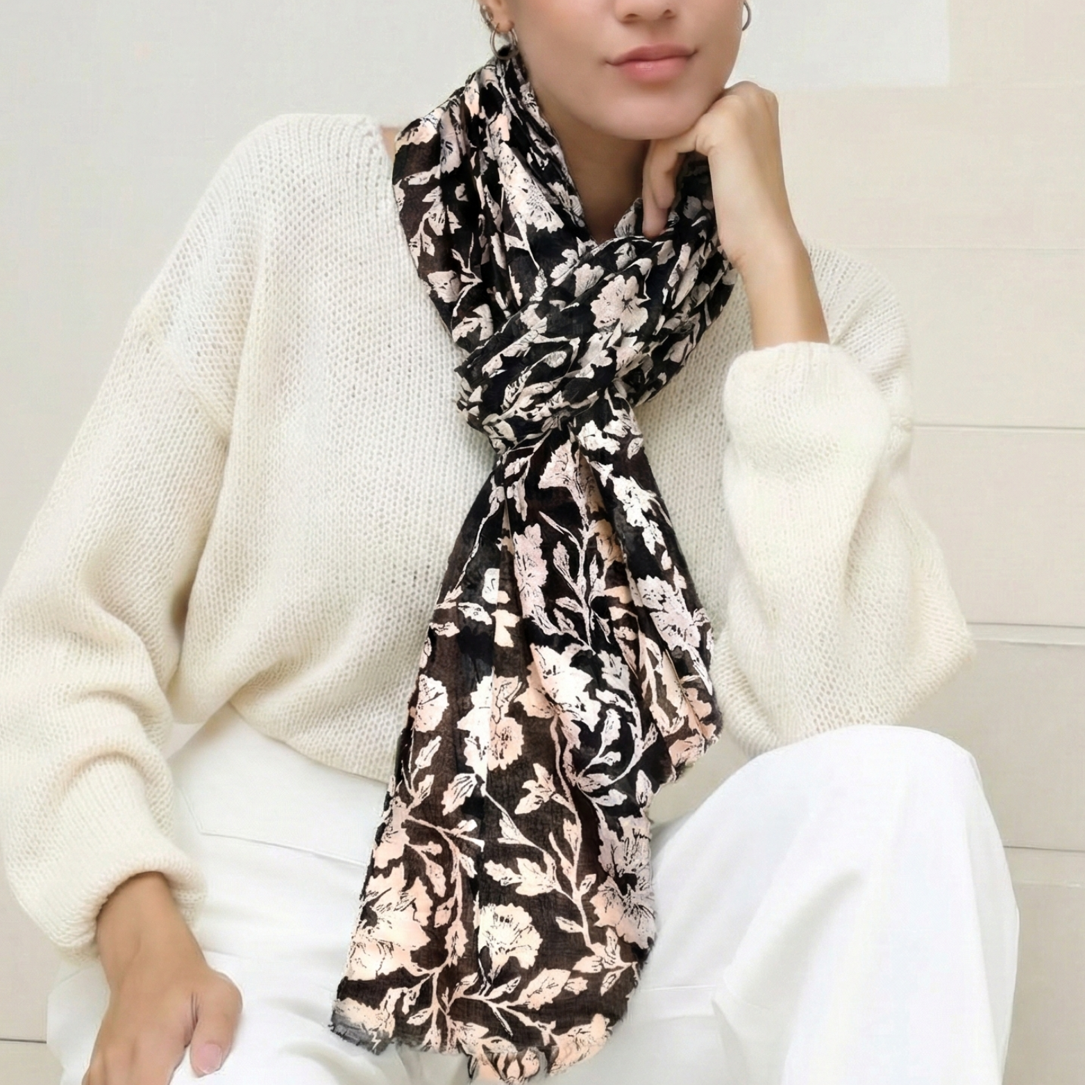 Long Black Floral Summer Scarf