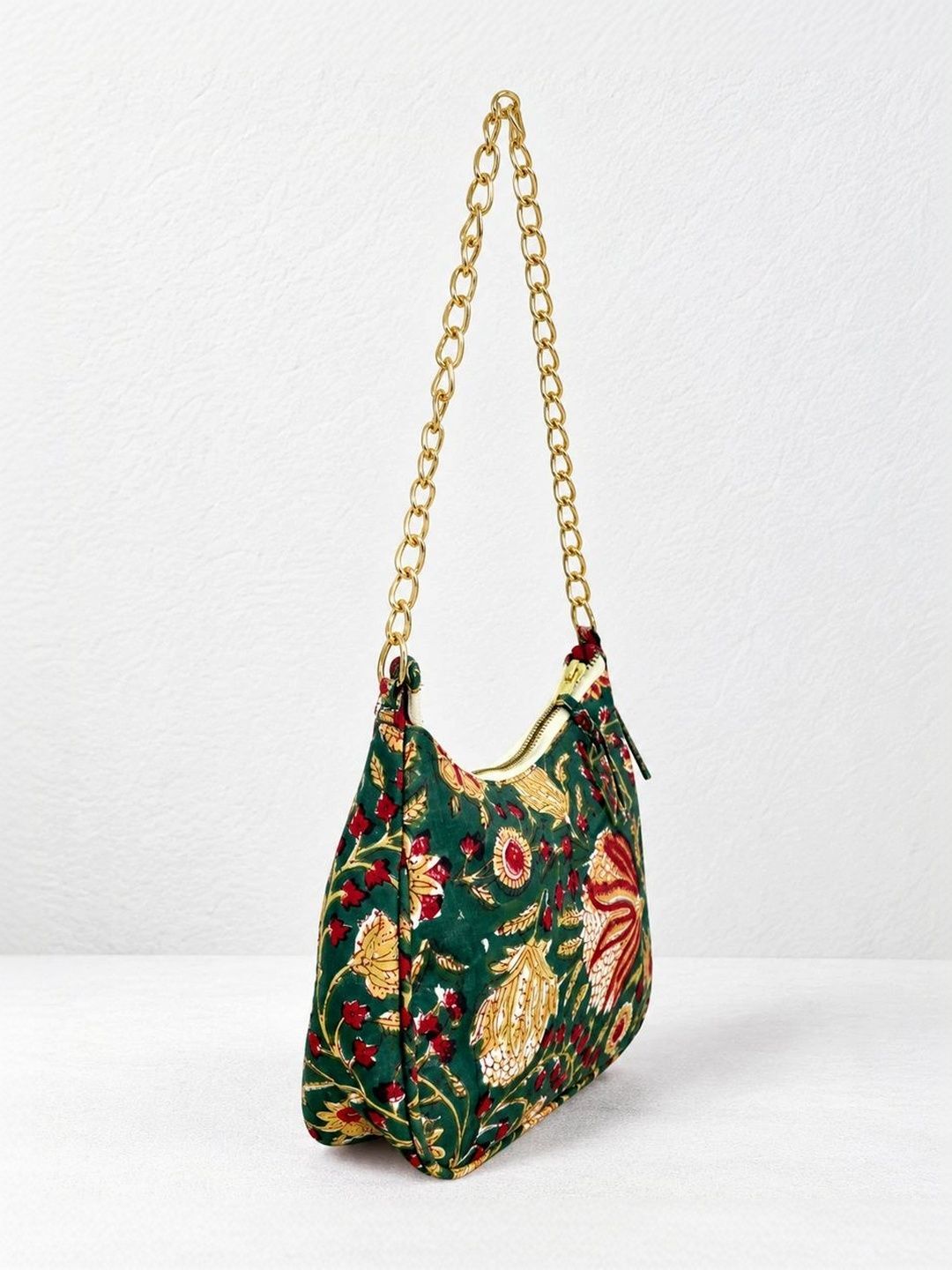 Floral Quilted Half Moon Bag – Green block print shoulder bag