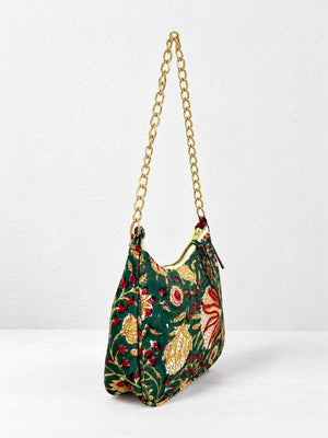 Floral Quilted Half Moon Bag – Green block print shoulder bag