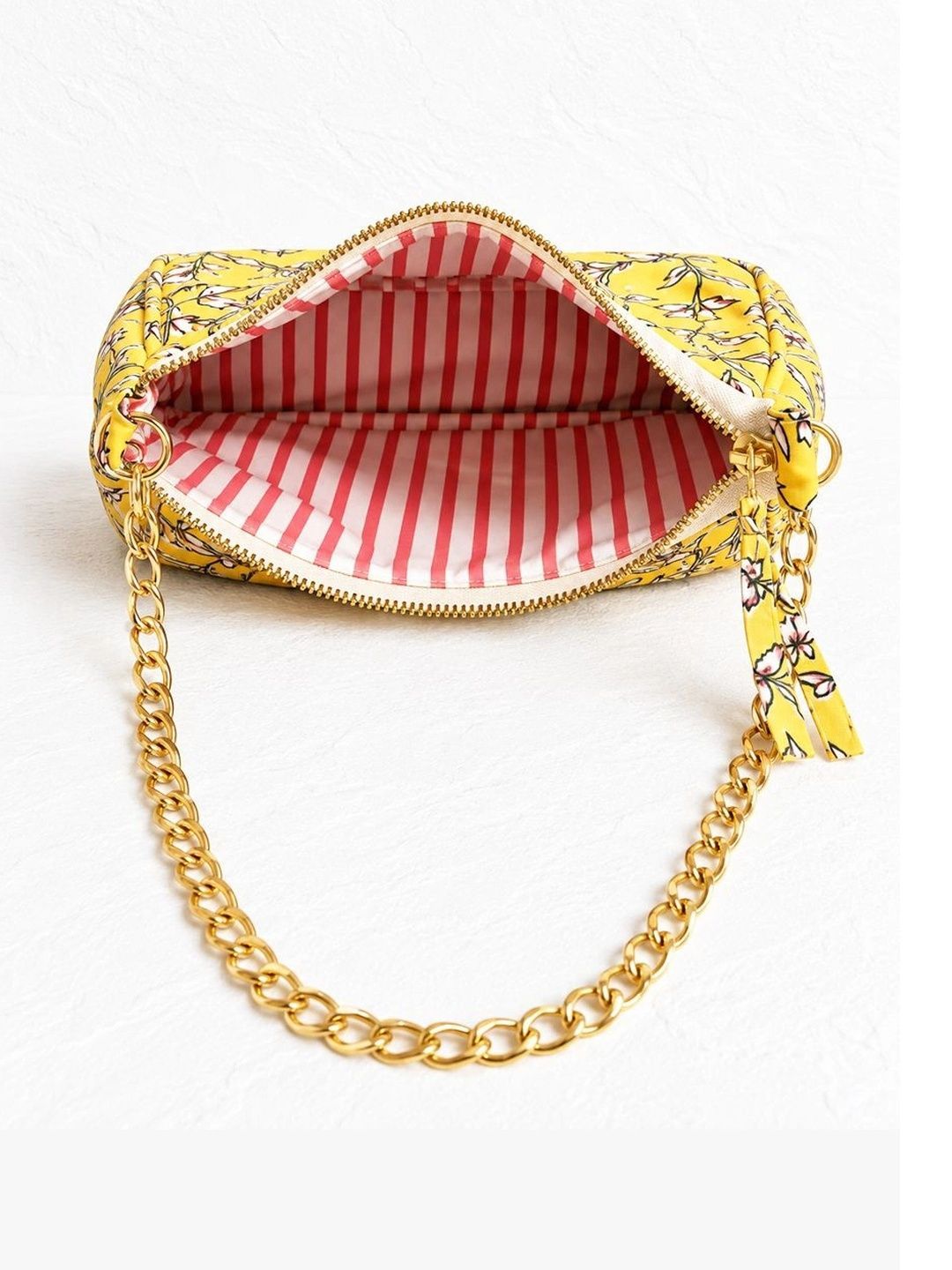 Floral Quilted Half Moon Bag – Yellow block print shoulder bag