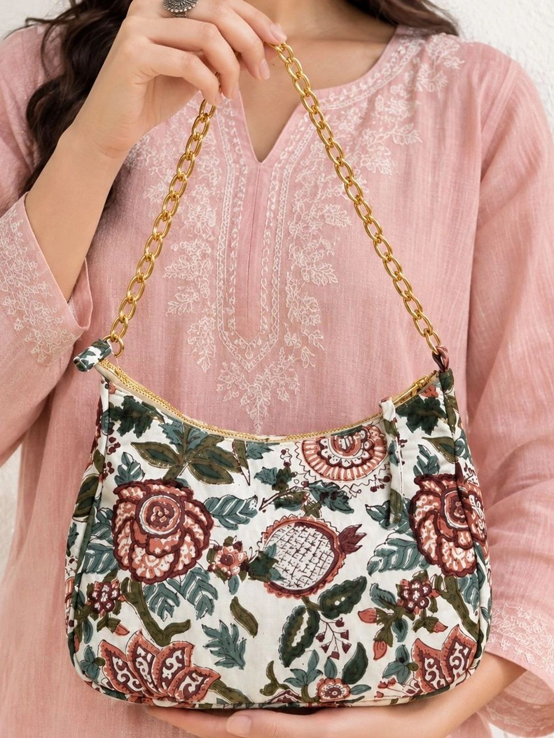 Floral Quilted Half Moon Bag – White block print shoulder bag