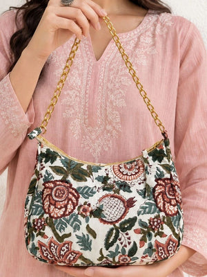 Floral Quilted Half Moon Bag – White block print shoulder bag