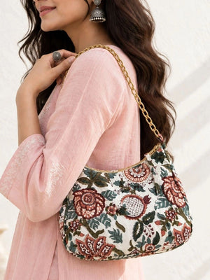 Floral Quilted Half Moon Bag – White block print shoulder bag