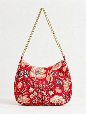 Floral Quilted Half Moon Bag – Red block print shoulder bag
