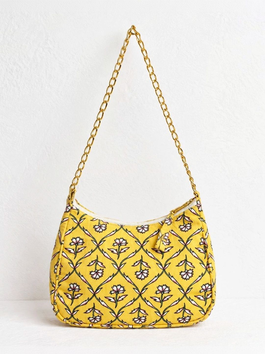 Floral Quilted Half Moon Bag – Yellow block print shoulder bag