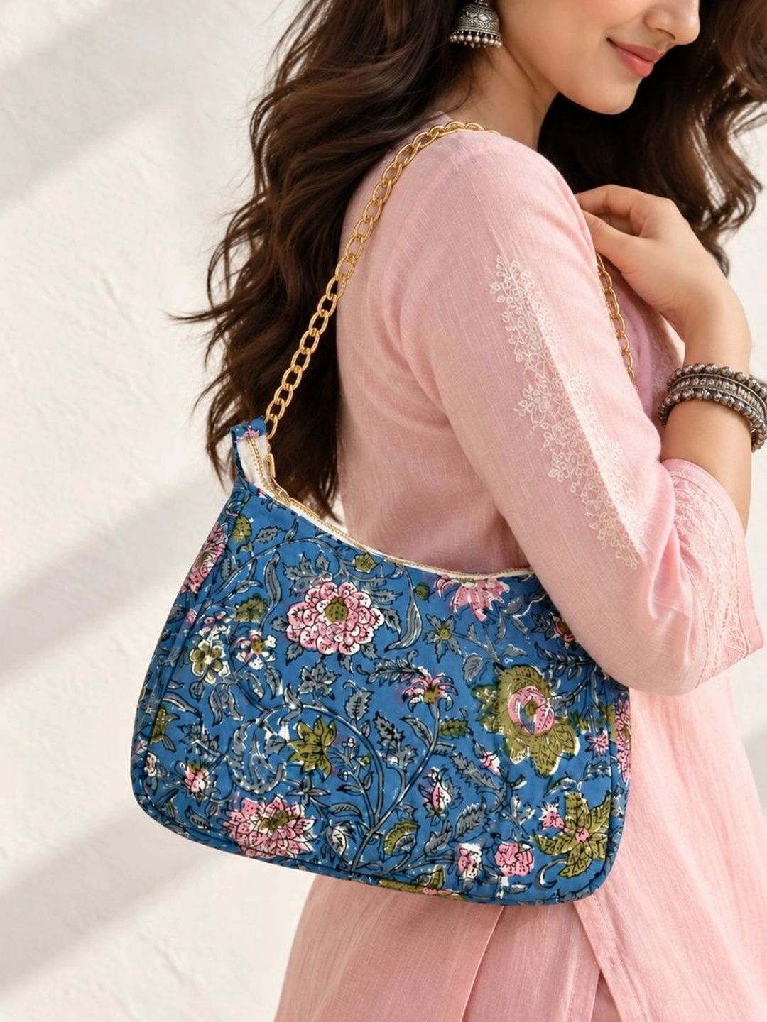 Floral Quilted Half Moon Bag – Blue block print shoulder bag