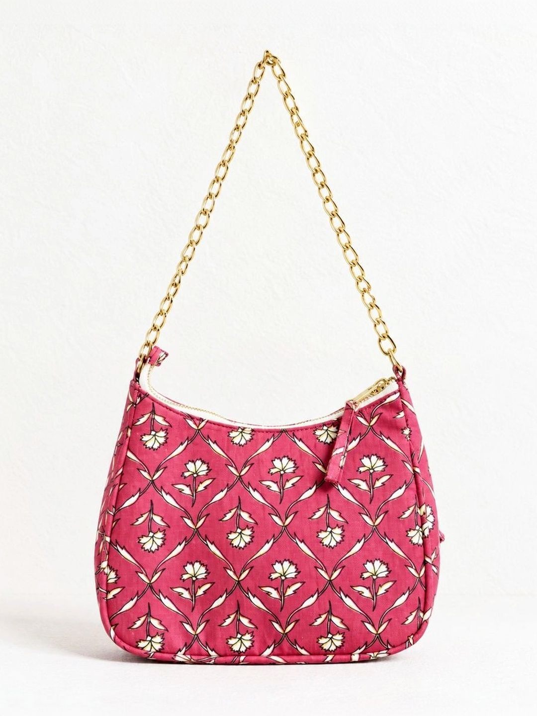 Floral Quilted Half Moon Bag – Pink block print shoulder bag