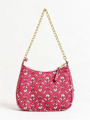 Floral Quilted Half Moon Bag – Pink block print shoulder bag