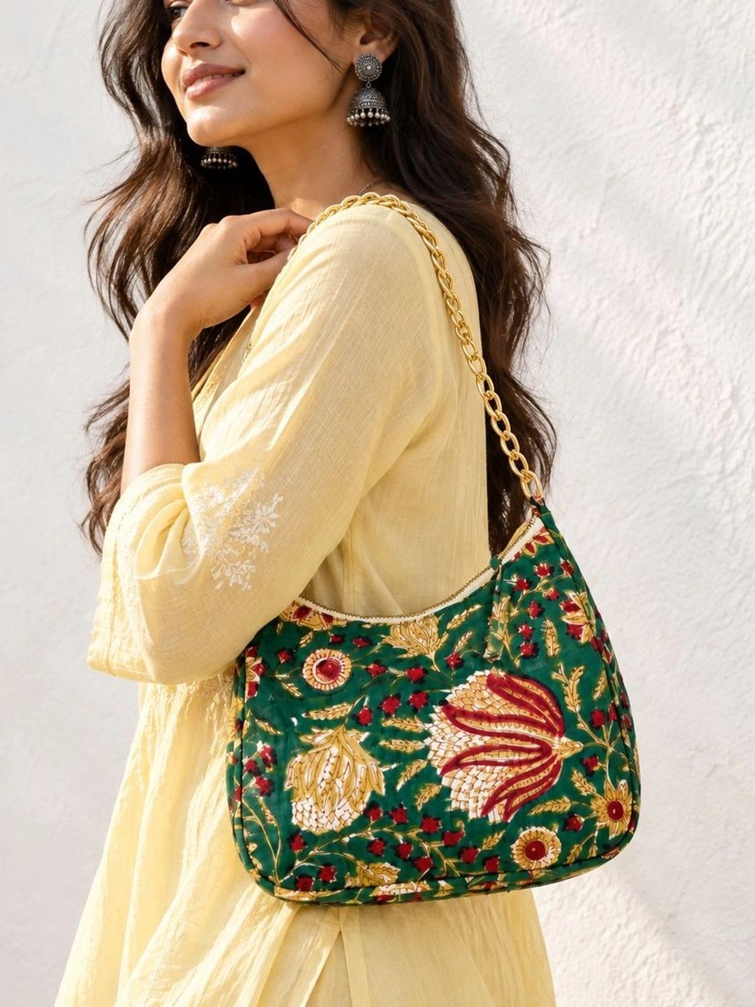 Floral Quilted Half Moon Bag – Green block print shoulder bag