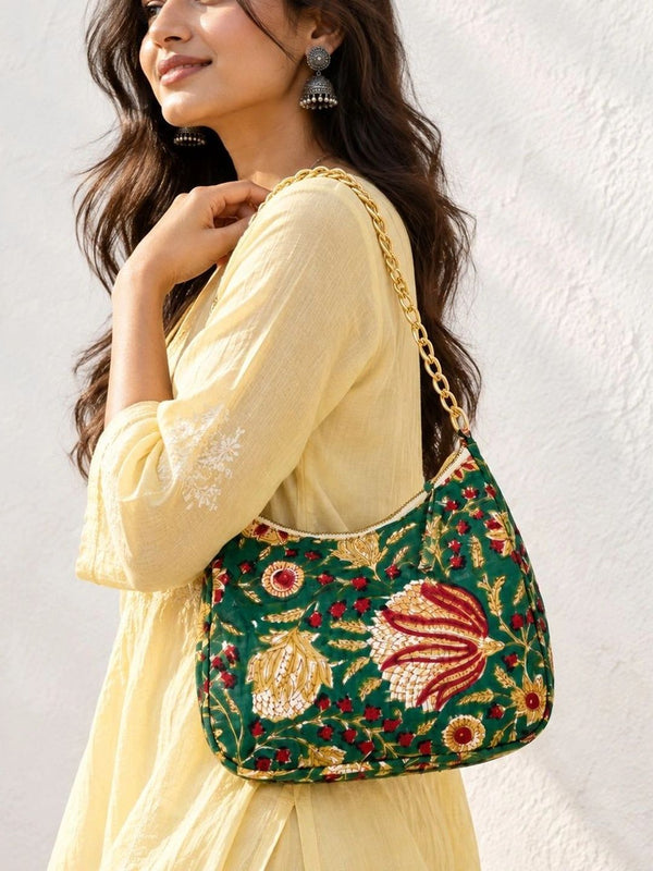 Floral Quilted Half Moon Bag – Green