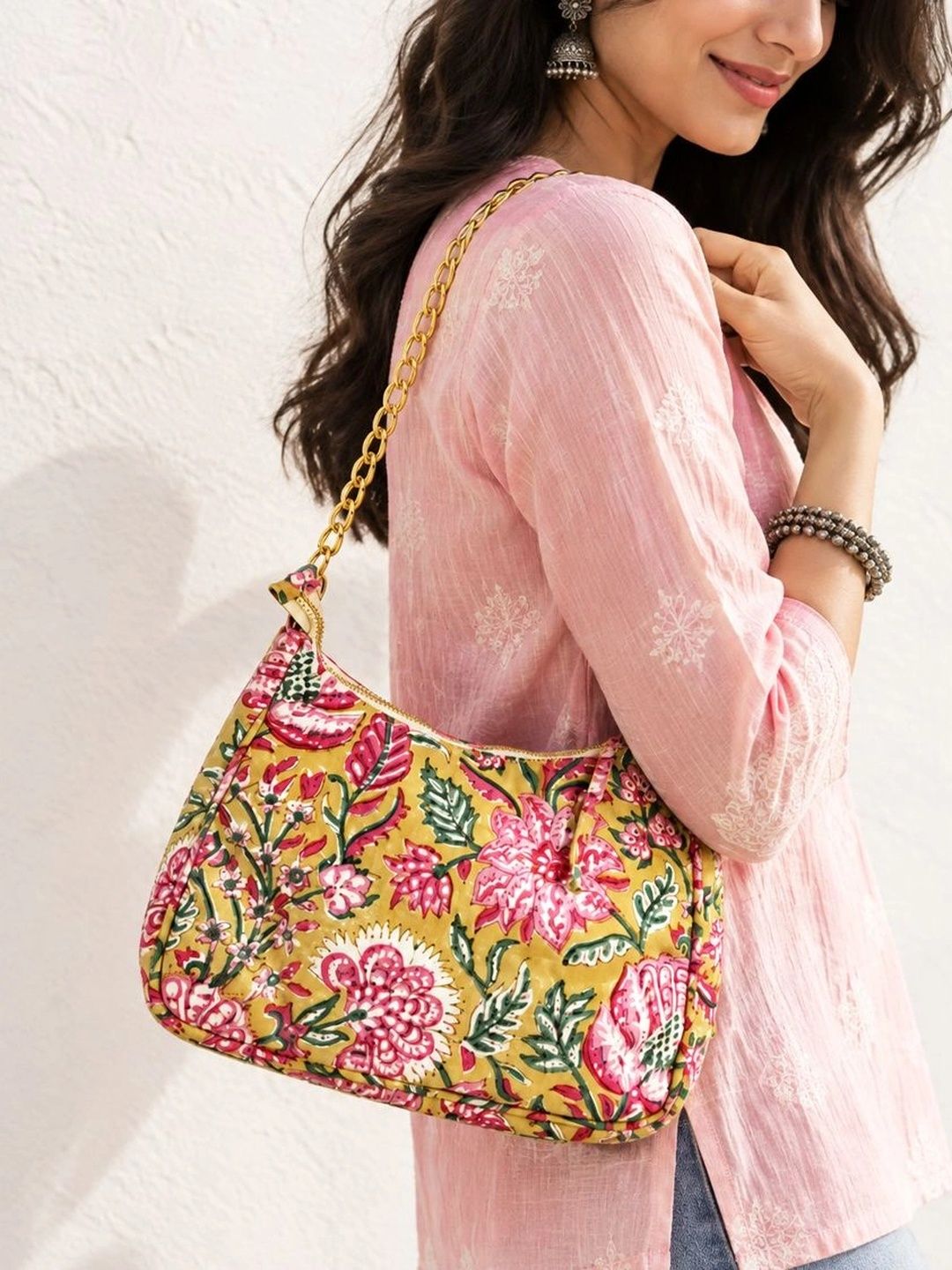 Floral Quilted Half Moon Bag – Multi block print shoulder bag