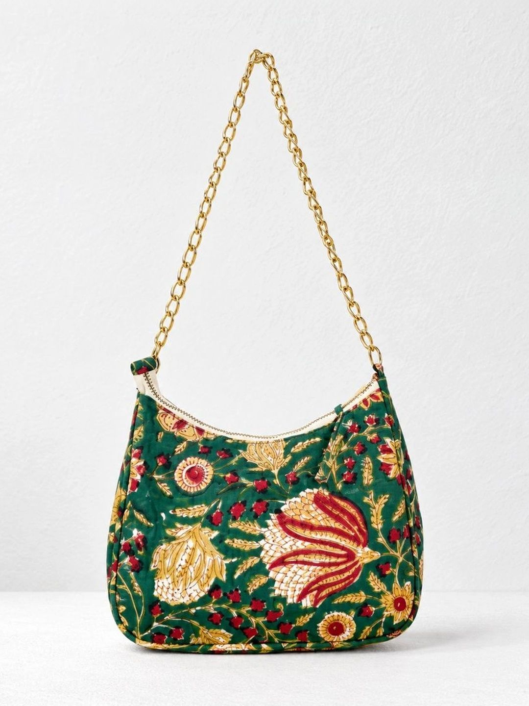 Floral Quilted Half Moon Bag – Green block print shoulder bag